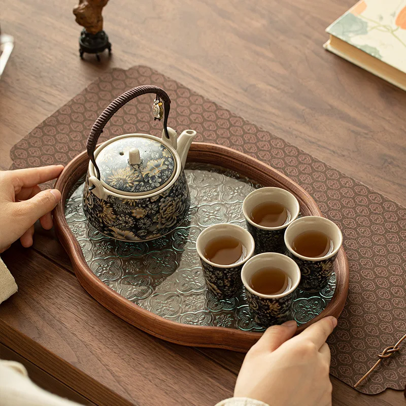 Handmade Retro Thousand Flowers Teapot Set Loop-Handle Tea Cup Tasting Cup Tea Tray Zen Kung Fu Tea Set Home Office Gift Box
