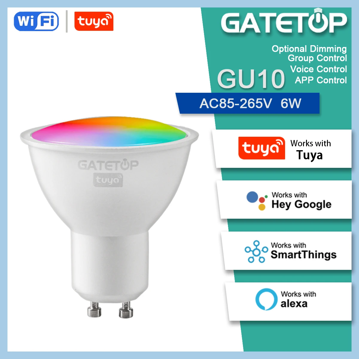 

bombilla inteligente con Wifi/Bluetooth，GU10 luz regulable por voz RGB de，AC100V 85V-265V Bulb,Control por aplicacion Smart Life