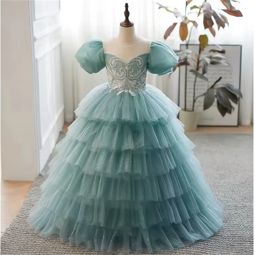 Custom luxury girls embroidered mesh flower girl dress puff sleeves sequin cascading ruffles trailing prom dress 2027 wedding