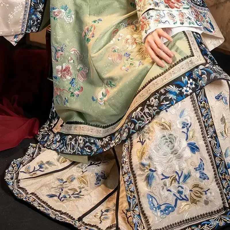 Qing Dynasty Flower Printed Loose Long Sleeve Cheongsam Dress Women Vintage Heavy Industry Antique Clothes Cospaly Qipao