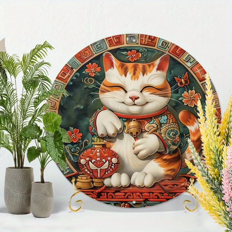 2D Flat - 1pc 2D Flat-Printed Metal Sign Featuring a Lucky Cat, Designed for Wall Decoration. This Weather-Resistant HD Printed