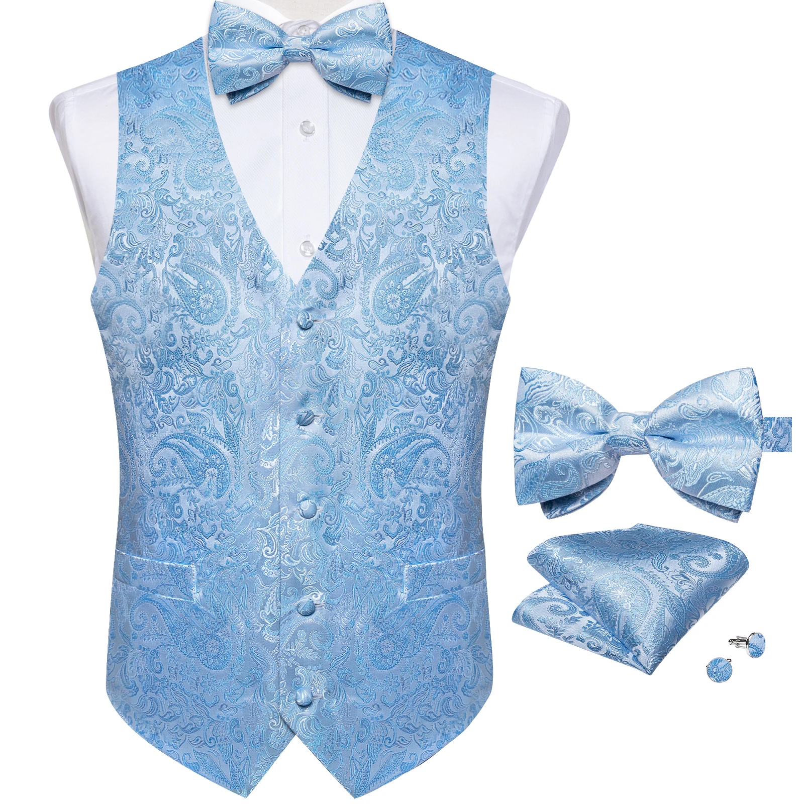 Suit Vest With Bow Tie Pocket Square Cufflinks Light Blue Black Red Paisley Luxury Wedding Prom Tuxedo Waistcoat for Men