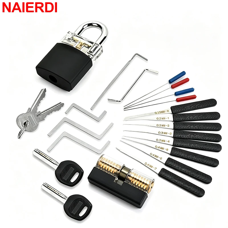 NAIERDI Professional Locksmith Training Kit Lock Pick Tools Set with Transparent Training Locks for Beginner DIY Practice