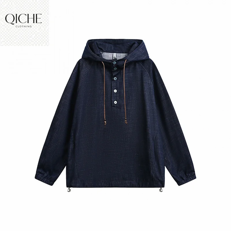 QICHE Vintage Washed Navy Hooded Long Sleeve Top Men Denim Half Button Raglan Sleeve Adjustable Hem Loose Hoodie
