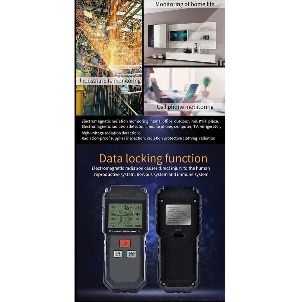 For Household Appliance Testing Black EMF Meter Electric Field Monitor Audible Visual Alarm LCD Graphic Display