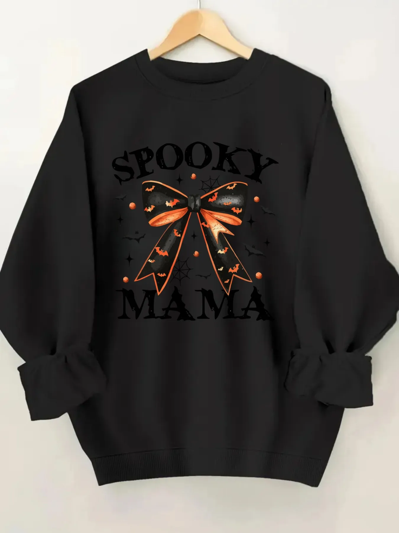 Women's Crewneck Pullover Sweatshirt Spooky Mama Bow Design, Soft Casual Long Sleeve, Daily Casual Top Outfit, Winter Women's Clothing, Halloween Costume Outfit