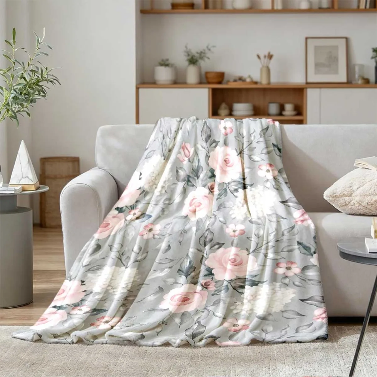 Watercolor Pink Rose Flannel Throw Blanket, Light Grey Hydrangea Leaf Print Soft Warm Blanket for Sofa Bedroom Home Decor