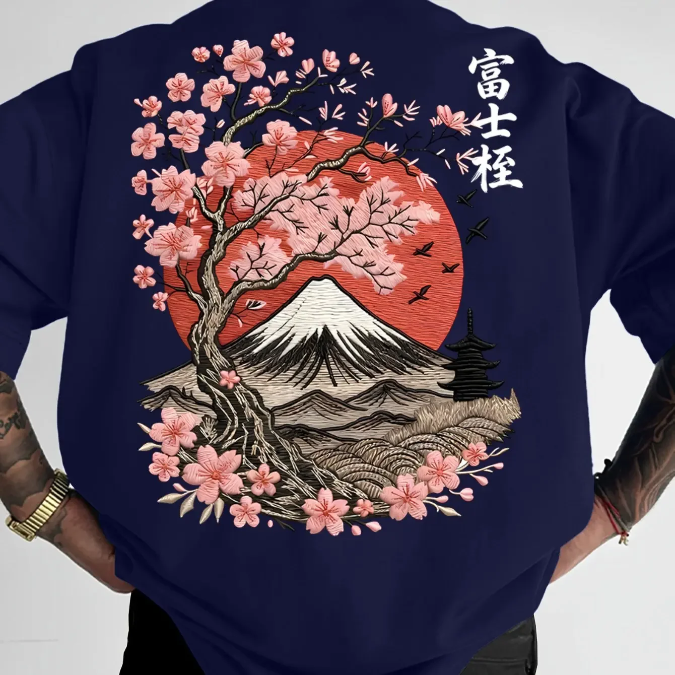 Men Japanese Fuji Mountain Cherry Blossom Embroidery‑style Graphic Back‑print Blue Short‑sleeve T‑Shirt Loose Unisex Casual Tops