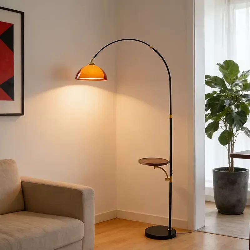 Modern Curved Floor Lamp with Side Table Medieval Style Reading Light Domed Shade Round Tray for Living Room Bedroom