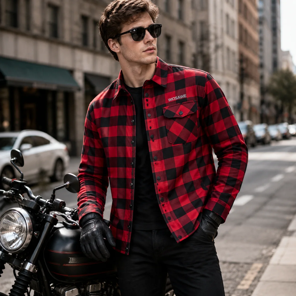 WOSAWE Men's Winter Motorcycle Jacket Fleece Lined Soft Armor Pads Motocross Retro Checkered Riding Coat