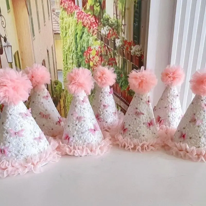 

M89C Photoshoots Ready Birthday Hat for Infants Pink Bowknot Lace Detail Celebration Party Decoration Sweet Photo Props