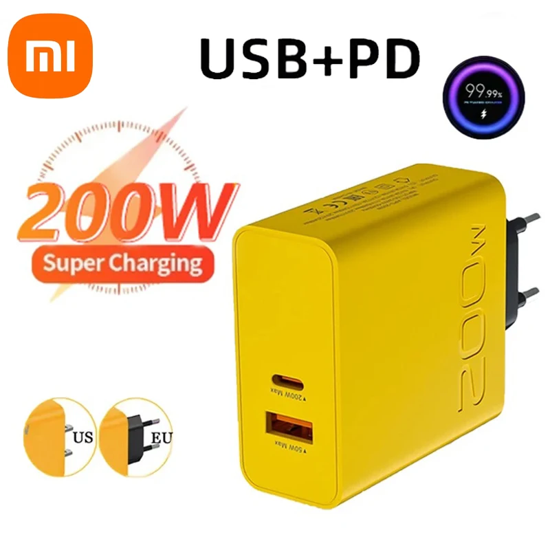 Xiaomi 200W Ultra Fast Charger USB PD 2-In-1 Type C Fast GaN Phone Charger For Iphone Huawei Samsung Xiaomi Oppo  EU US Plug ﻿