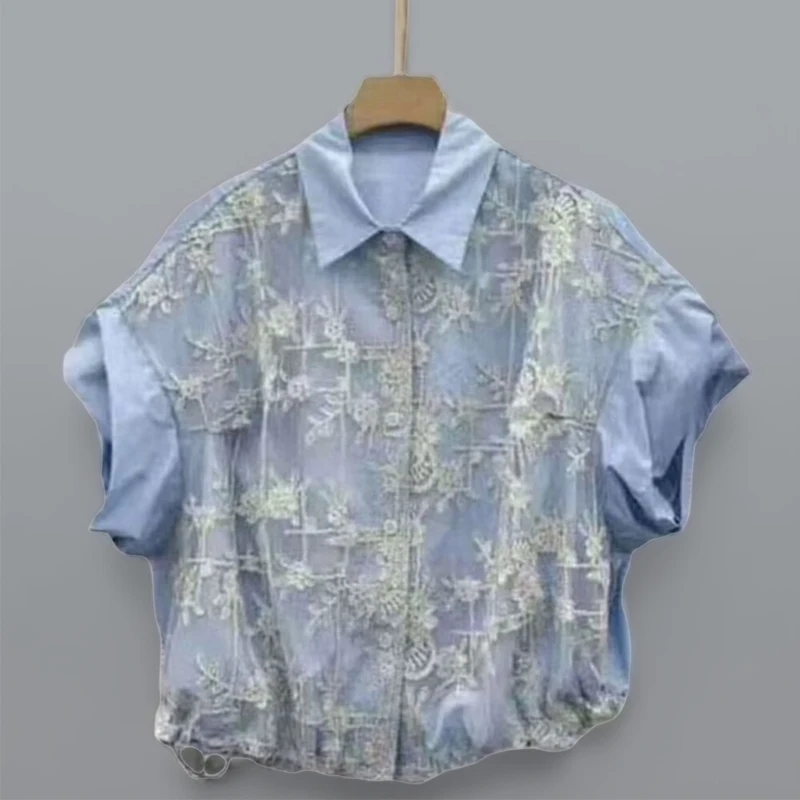 

French Embroidered Flower Short Sleeved Shirt for Women 2025 Summer New Niche Blouse Top