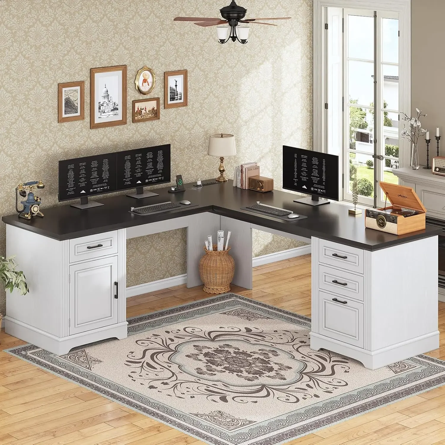 

L-образный стол для фермерского дома 69 дюймов, стол для домашнего офиса с ящиками, шкафом для хранения и розеткой, угловой компьютерный стол