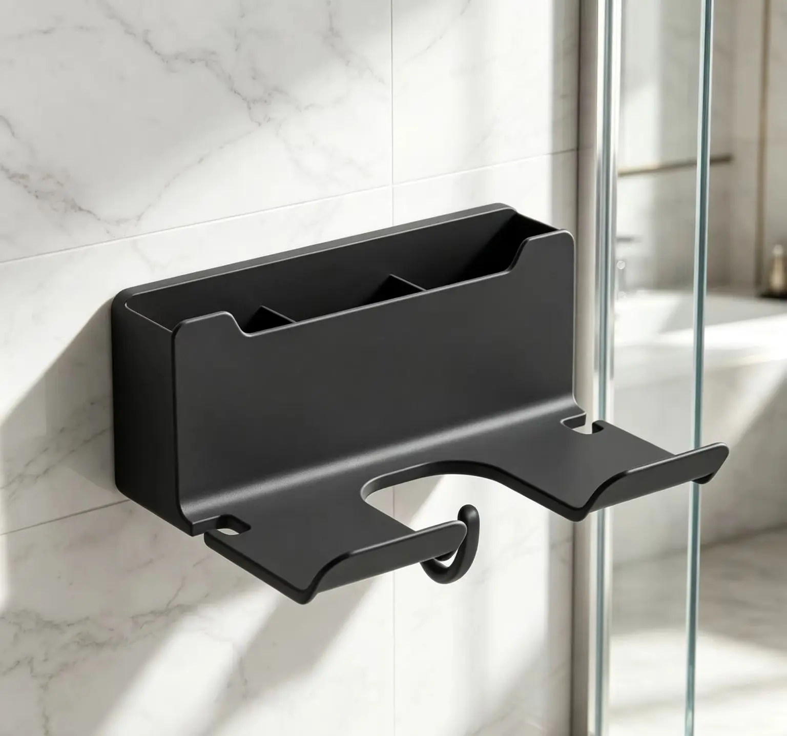 1 pieza de soporte de pared de plástico sin perforaciones para secador de pelo, soporte para plancha de pelo, estante de almacenamiento de accesorios de peinado para baño.