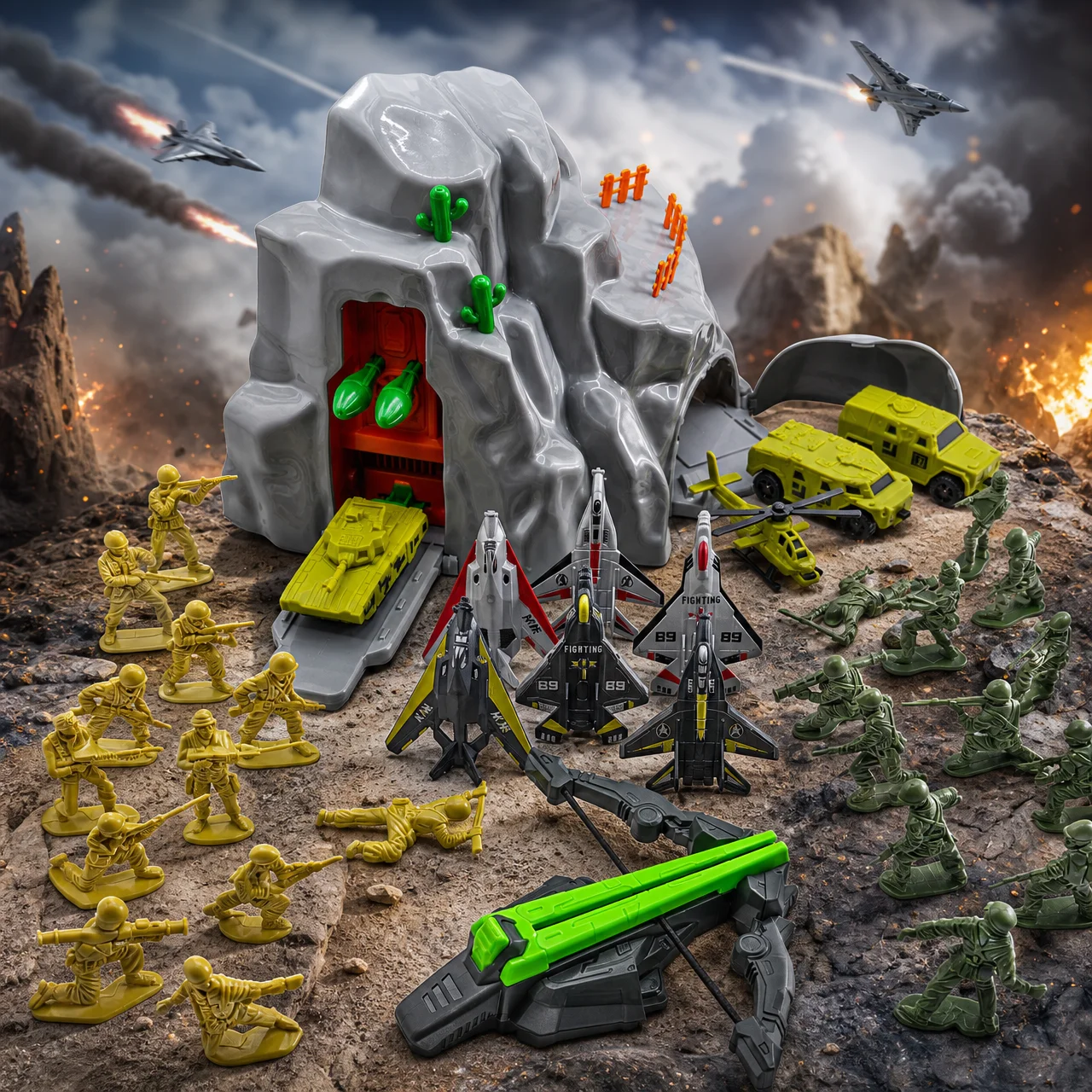 Boy battle scene toy set, mountain base stronghold capable of launching missiles+24 characters+catapult bow and arrow toy