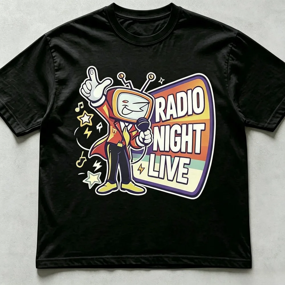 Radio Night Live TV Host Cartoon Graphic Men T-Shirt Retro Pop Art Print Cotton Short Sleeve Streetwear Tee