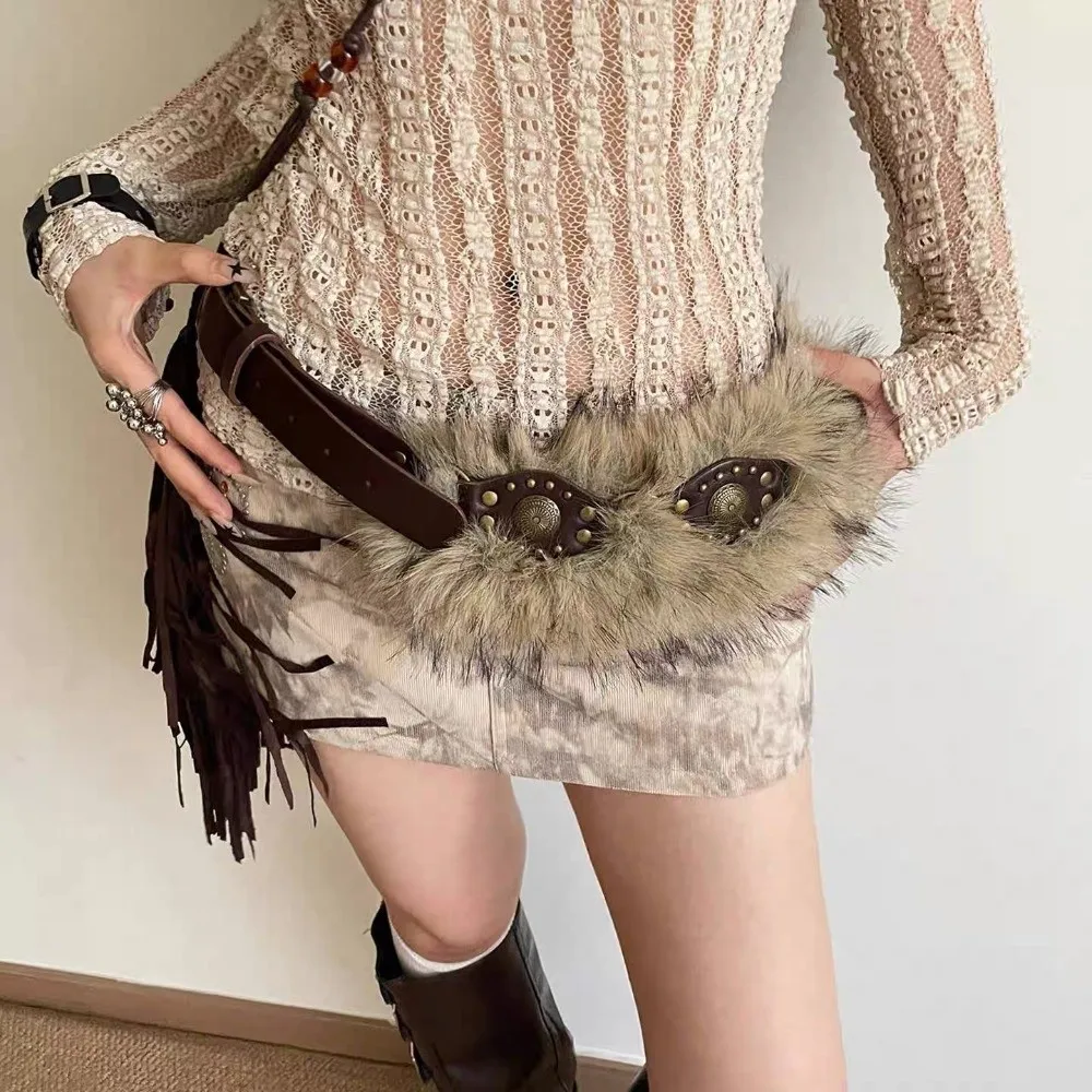 ヴィンテージ Y2K レザーファーベルトラインストーンスパイシーガールスタイル毛皮のようなウエストバンドレトロ多用途ぬいぐるみウエストベルトドレス装飾
