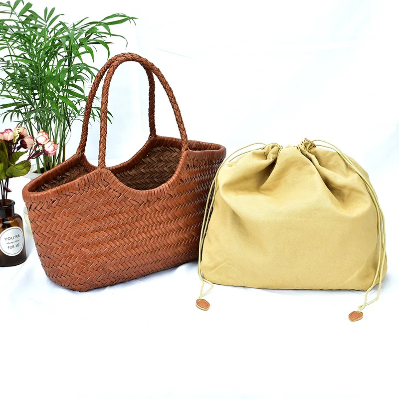 Top Layer Cow Woven Bag Genuine Leather French Vegetable Basket Bag Fashion Vegetable Basket Shoulder Bag Large Capacity