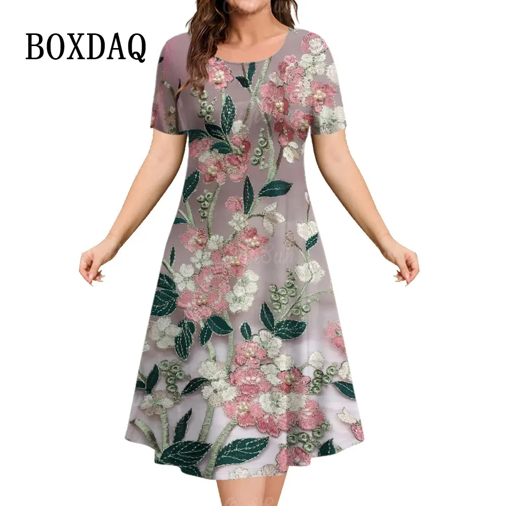 2023 New Women’s Dresses 3d Flowers Printing Women Shorty-Sleeved Tops Summer Fashion Loose A-Line Elegant Casual Ladies Dresses