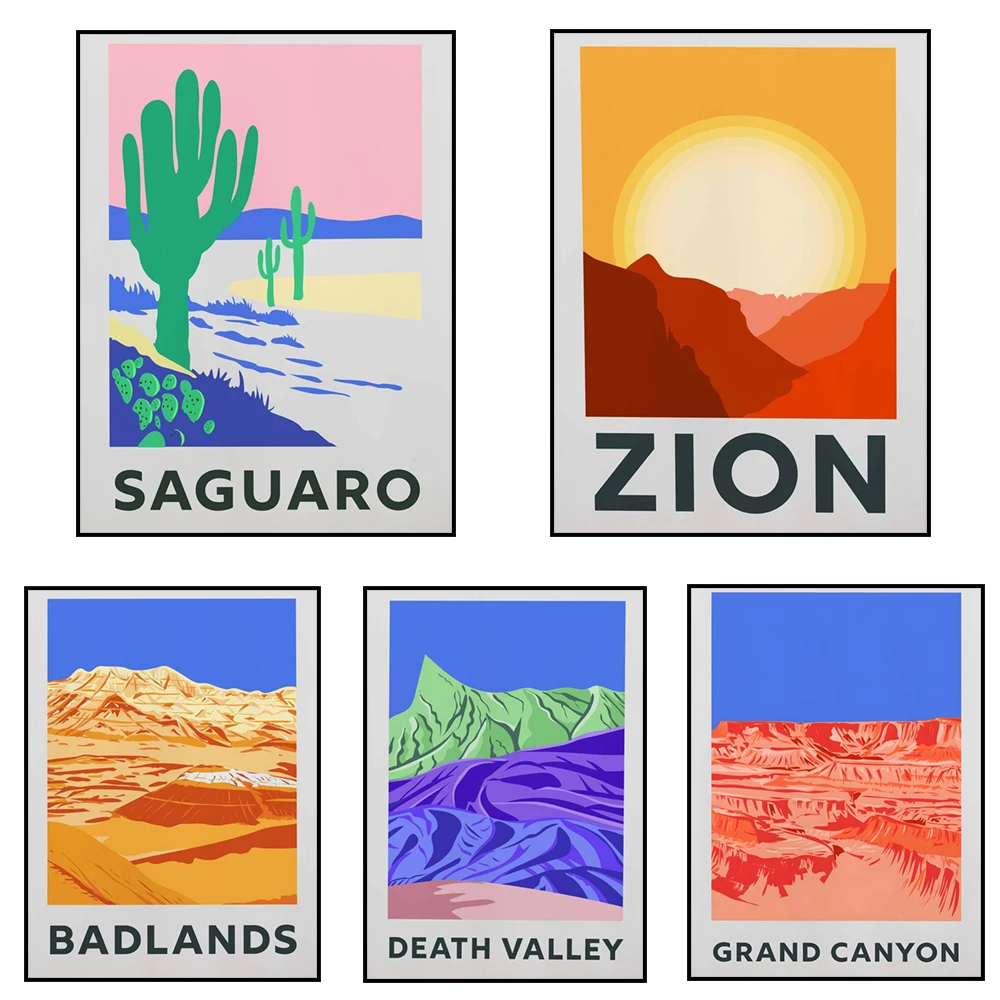 Rocky Mountains, Yosemite, Zion, Badlands, Death Valley, Grand Teton, Grand Canyon, Cactus National Park Travel Abstract Poster