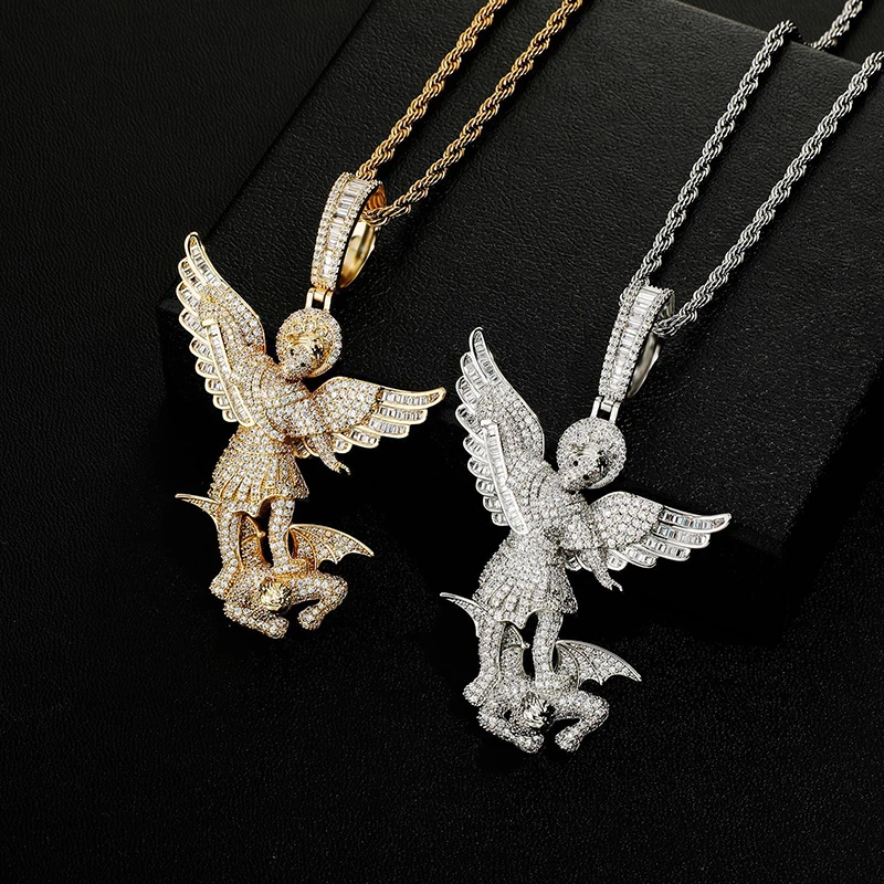 Hip Hop Micro Paved AAA Cubic Zirconia Bling Iced Out Angel Defeats Demon Pendants Necklace for Men Rapper Jewelry Gift