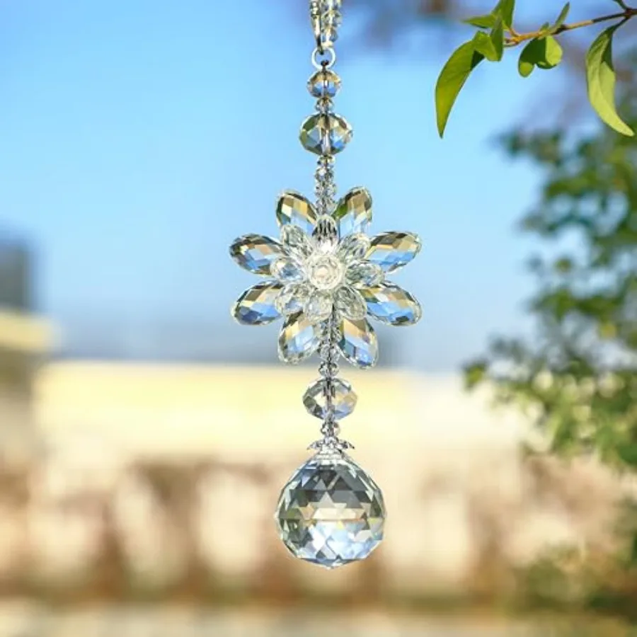 Clear Hanging Crystal Ball Prisms Flower Fengshui Ornament Suncatcher Rear View Mirror Car Charm Decor