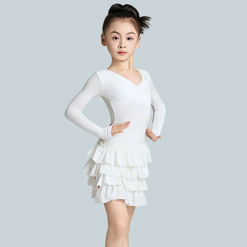 الأبيض اللاتينية ملابس الرقص الأطفال أداء الرقص دعوى طويلة الأكمام يوتار كعكة تنورة طفل تشا تشا رومبا ممارسة مجموعة VDL4695