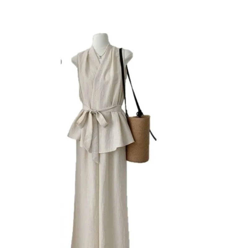 

High Quality High Appearance Level Temperament Design Waist Strap Sleeveless Top + High Waist Wide Leg Straight Casual Pants Set