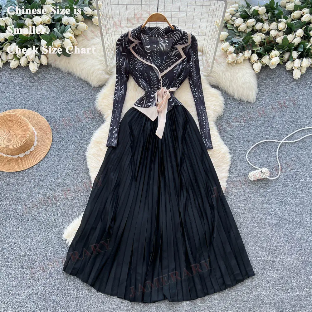 

Элегантные длинные плиссированные платья для женщин на весну-лето с длинными рукавами, воротником-стойкой, винтажный ретро-стиль, модное осеннее платье