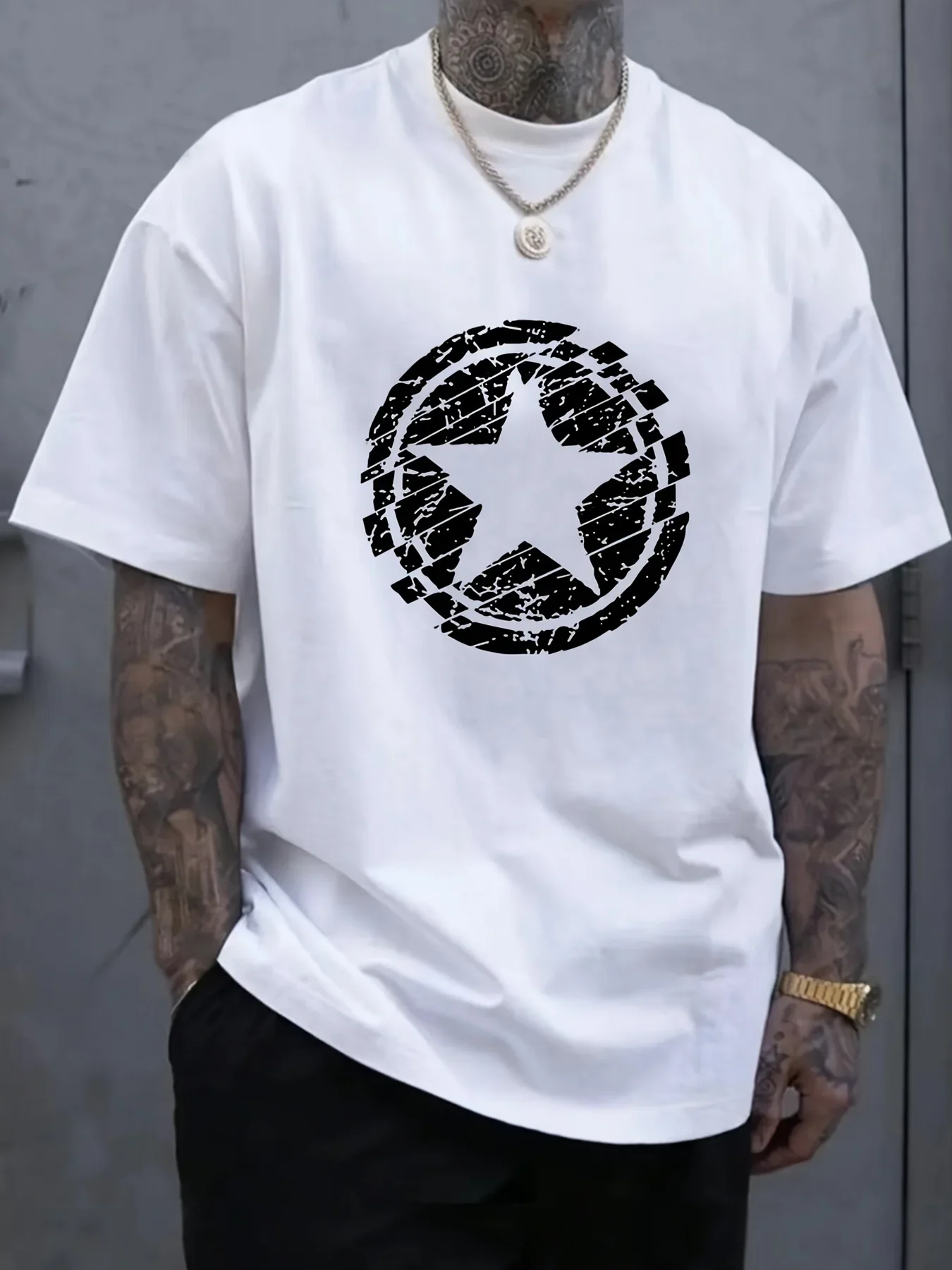 

Men's Summer 100 Cotton Fashionable Casual Loose Large Black Star Pattern Printed Round Neck Short-sleeved T-shirt