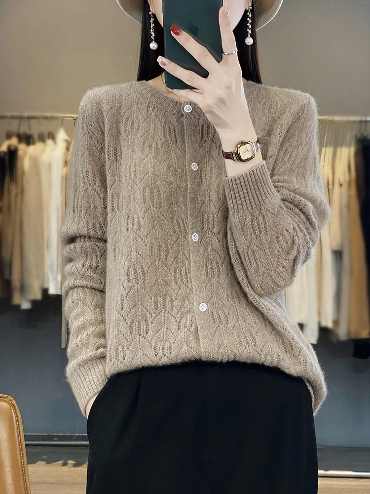 2024 Spring Autumn Women Cardigan Knitwear 100% Merino Wool Tops O-neck Long Sleeve Women Sweater Korean Popular Clothing Tops