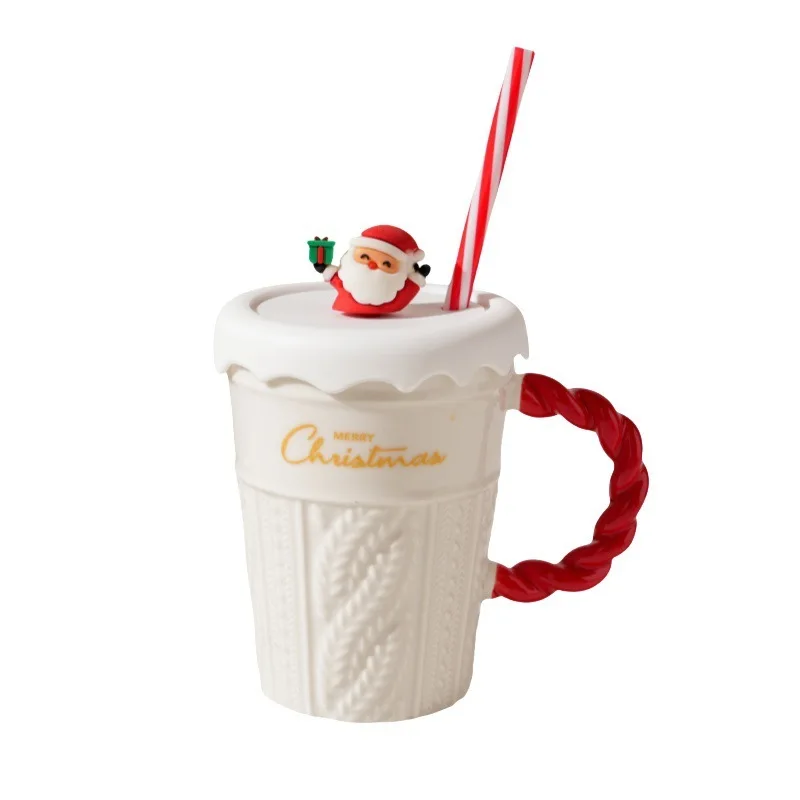 ミニソ クリスマス 輸入セラミックストローカップ 高い美的価値 断熱保温マグカップ 蓋付き 高級感 マークカップ