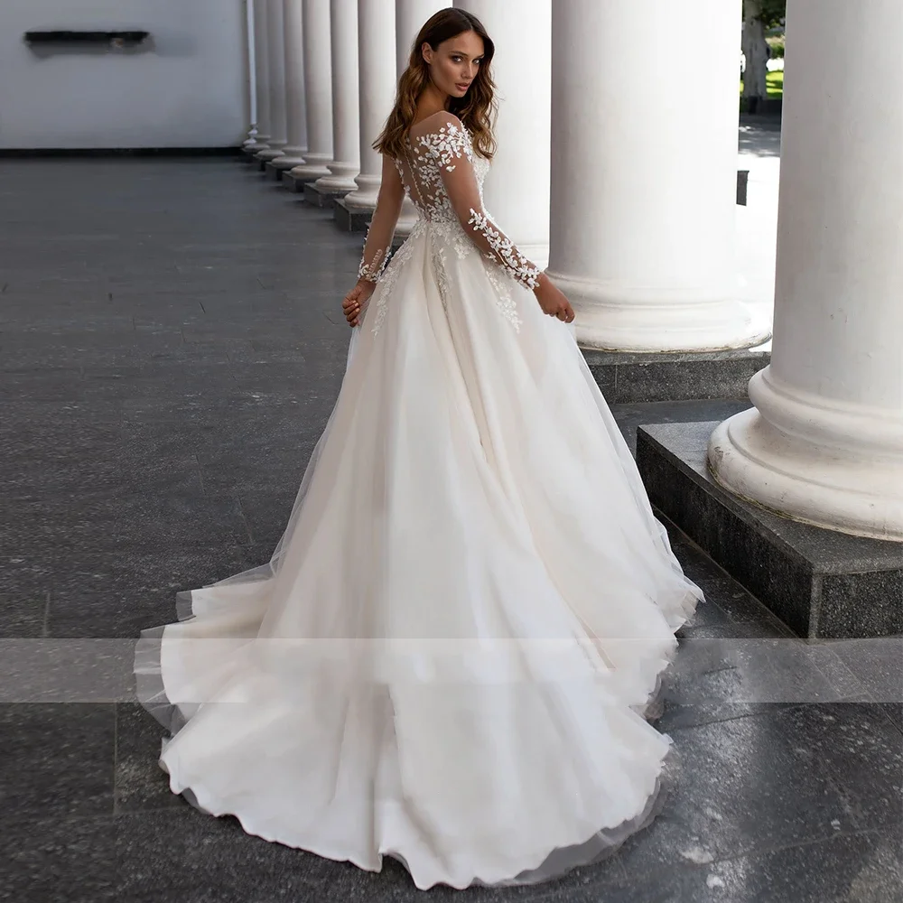 플라빈케 맞춤 A라인 레이스 웨딩드레스 긴팔 버튼 우아하고 세련된 신부 드레스 코트 트레인 브라이덜 가운 플러스 사이즈