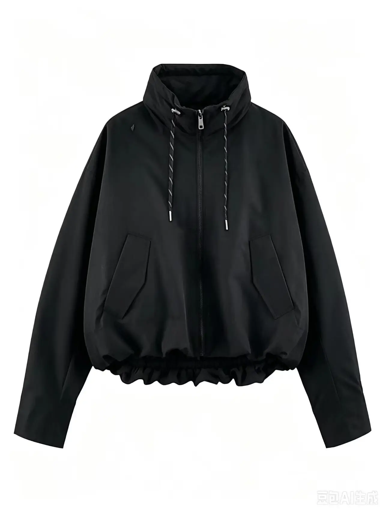 BSAY 2026 Herbst Damen Kurze Gefütterte Jacke Stehkragen Kordelzug am Saum Reißverschluss Langarm Locker Lässig mit Taschen Oberbekleidung Mantel – Detail 9