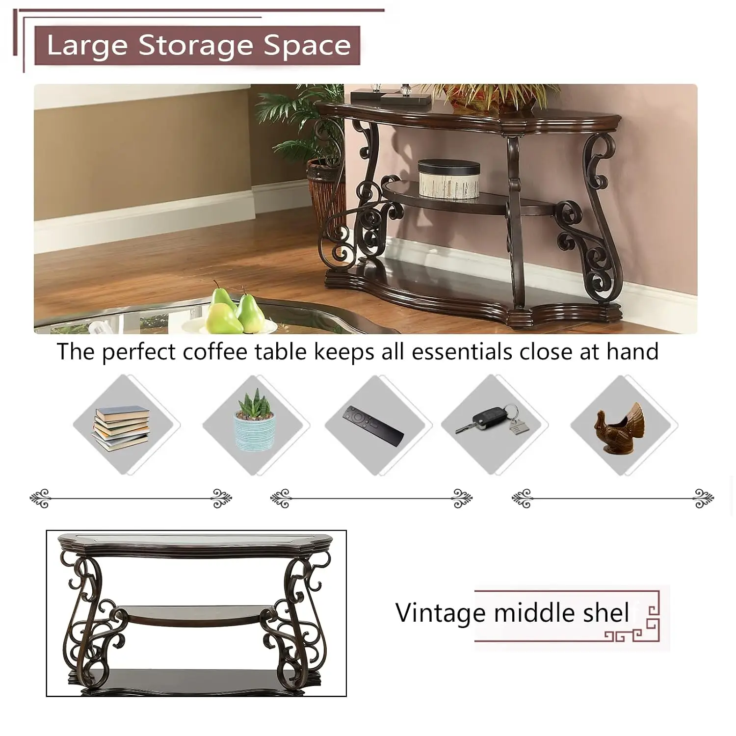 Retro Console Table 3-Tier Glass Top Marble Shelf Vintage Accent Entryway Hallway, Customized