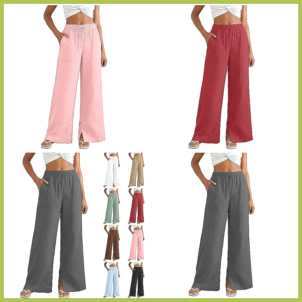 

Women's High Waisted Wide Leg Pants, Linen-Like Casual Trousers with Pockets - Solid Color