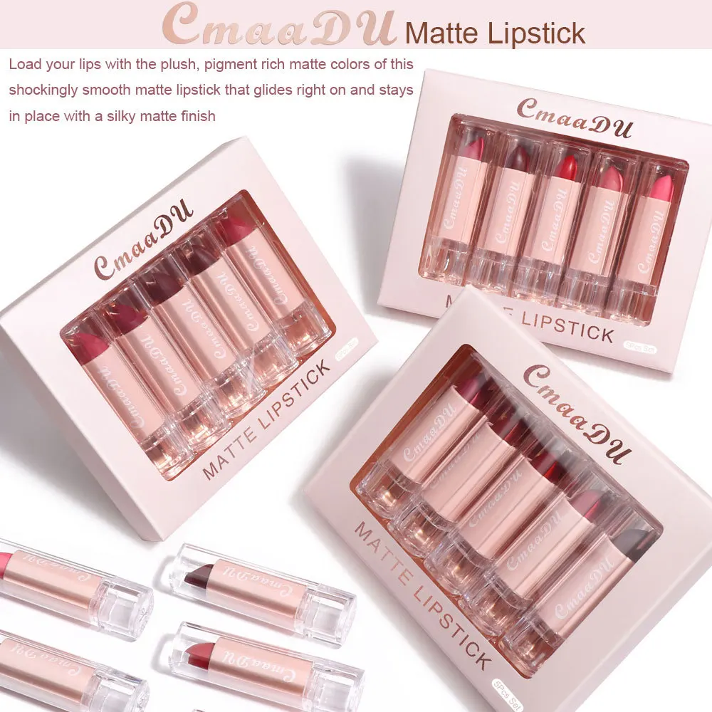 CmaaDu 5 Colors Matte Moisturizing Lipstick Lip Gloss Set Makeup Nude Velvet Lip Stick Sets Easy To Wear Cosmetics Tint Lip Balm