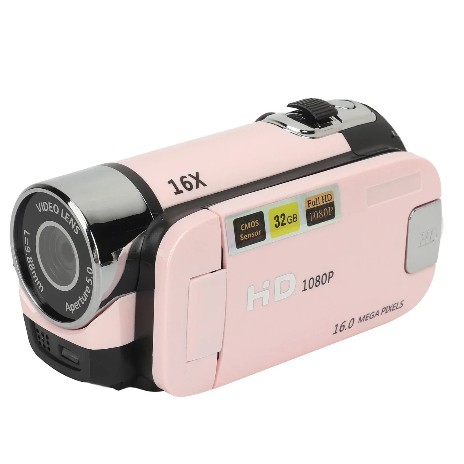 2.4 인치 회전식 스크린 캠코더, D90 1080P 16MP 디지털 카메라, 16X 줌 HD 비디오 녹음기, 필 라이트 핑크 포함