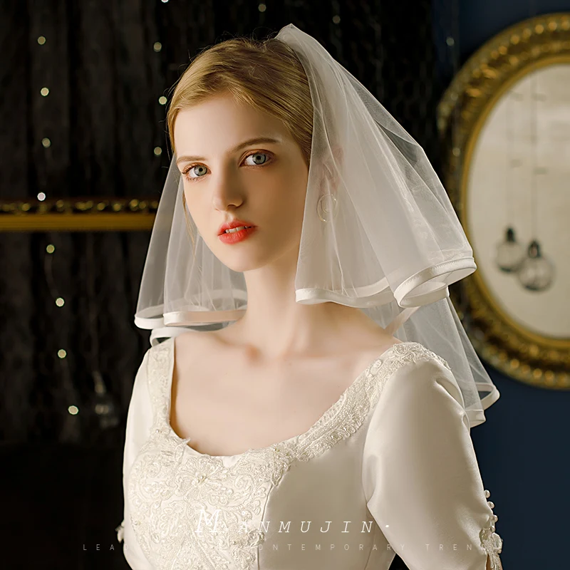 French Bridal Veil Double Soft Mesh White Simple Vintage Satin Fabric Hemmed Veil