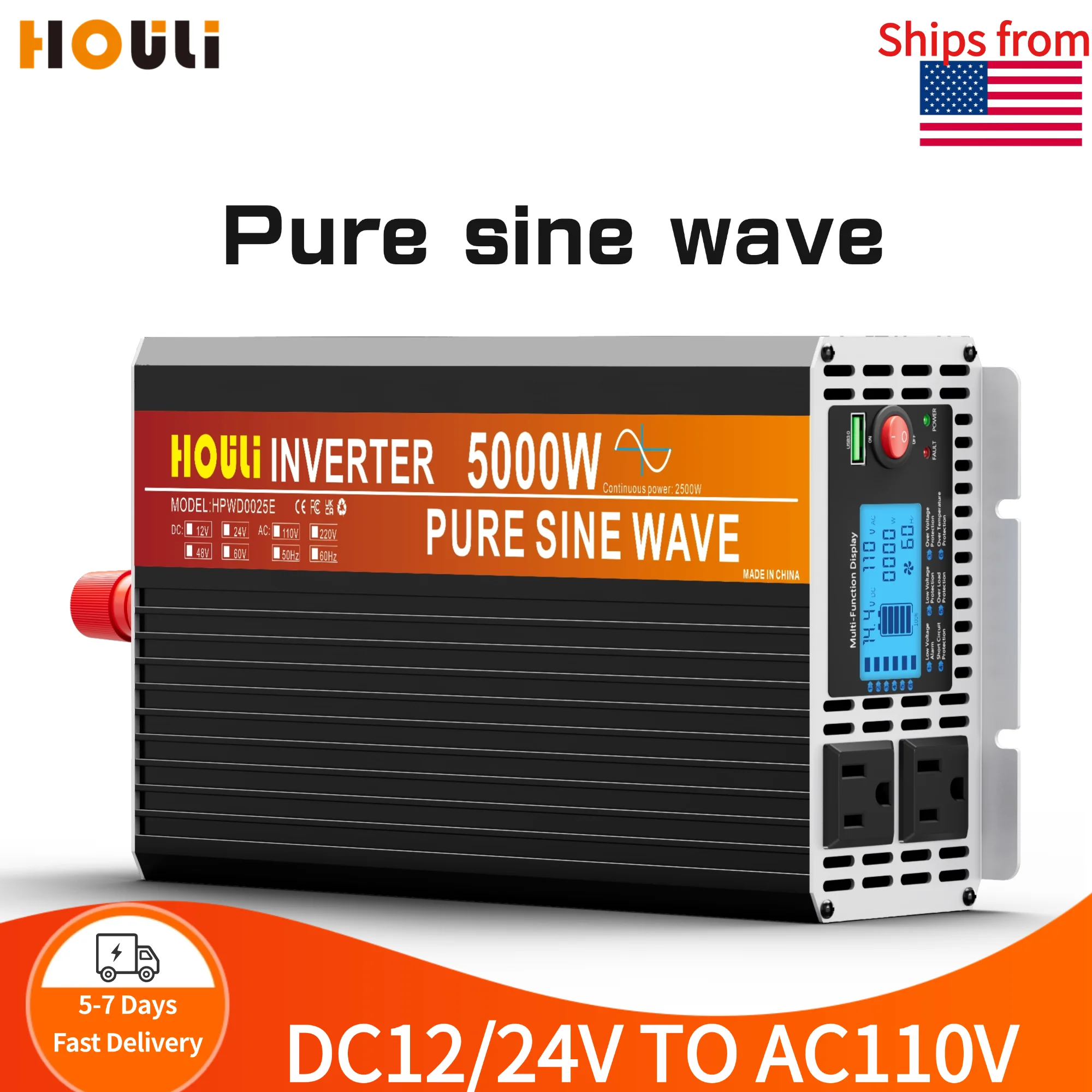 Pure Sine Wave Inverter DC 12V 24V To AC 110V Power Inverter 5000W 60HZ Car Inverter Converter For Home And RV