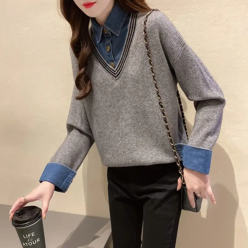 Fake Two Piece Patchwork Knitting Pullovers Top Autumn Winter New Long Sleeve Loose Trend Sweaters Vintage Casual Women Clothing