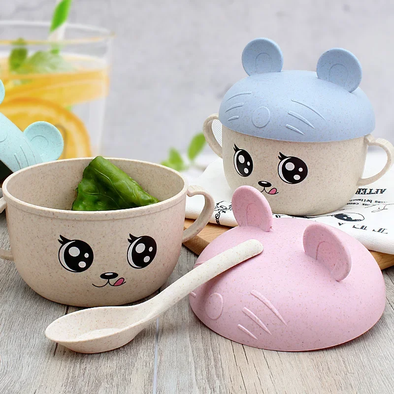 2Pcs/Set Baby Feeding Food Tableware Wheat Cartoon Kids Dishes Children Eating Dinnerware Set Anti-hot Plate Training Bowl+spoon