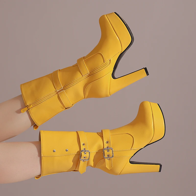 

Handcrafted Multi-color Optional 12CM Thick Heel Round Head Waterproof Table Pu Fashion Double Zipper in Women's Boots