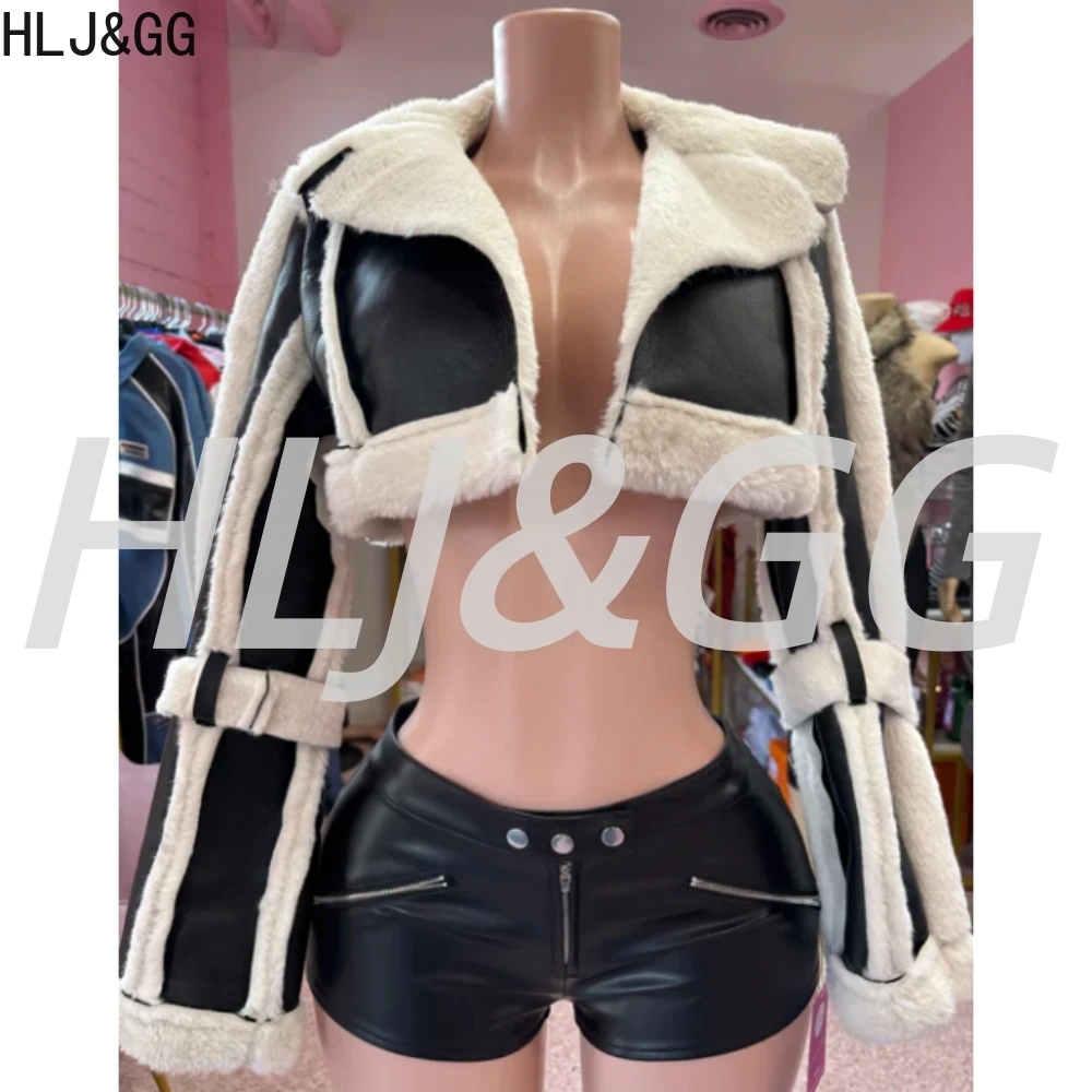 

HLJ&GG Y2K Fashion Leather Splicing Fur Jacket Two Piece Sets Women Long Sleeve Crop Top And Shorts Outfit Trend 2pcs Streetwear