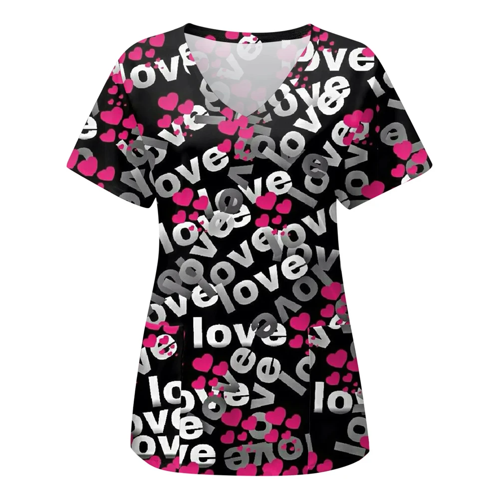 Love Print Scrubs Medical Uniforms Para Mujer Top Mate Con Cuello En V, Dental Uniforme De Enfermera Camisa De Manga Corta Monos