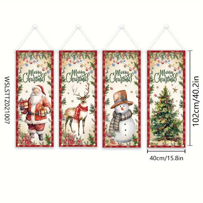 VIKAMA Christmas Wall Banner Set for Home, 4 Pc Vertical Banner Santa Reindeer Snowman Tree Star, Cozy Wall Art for Bedroom