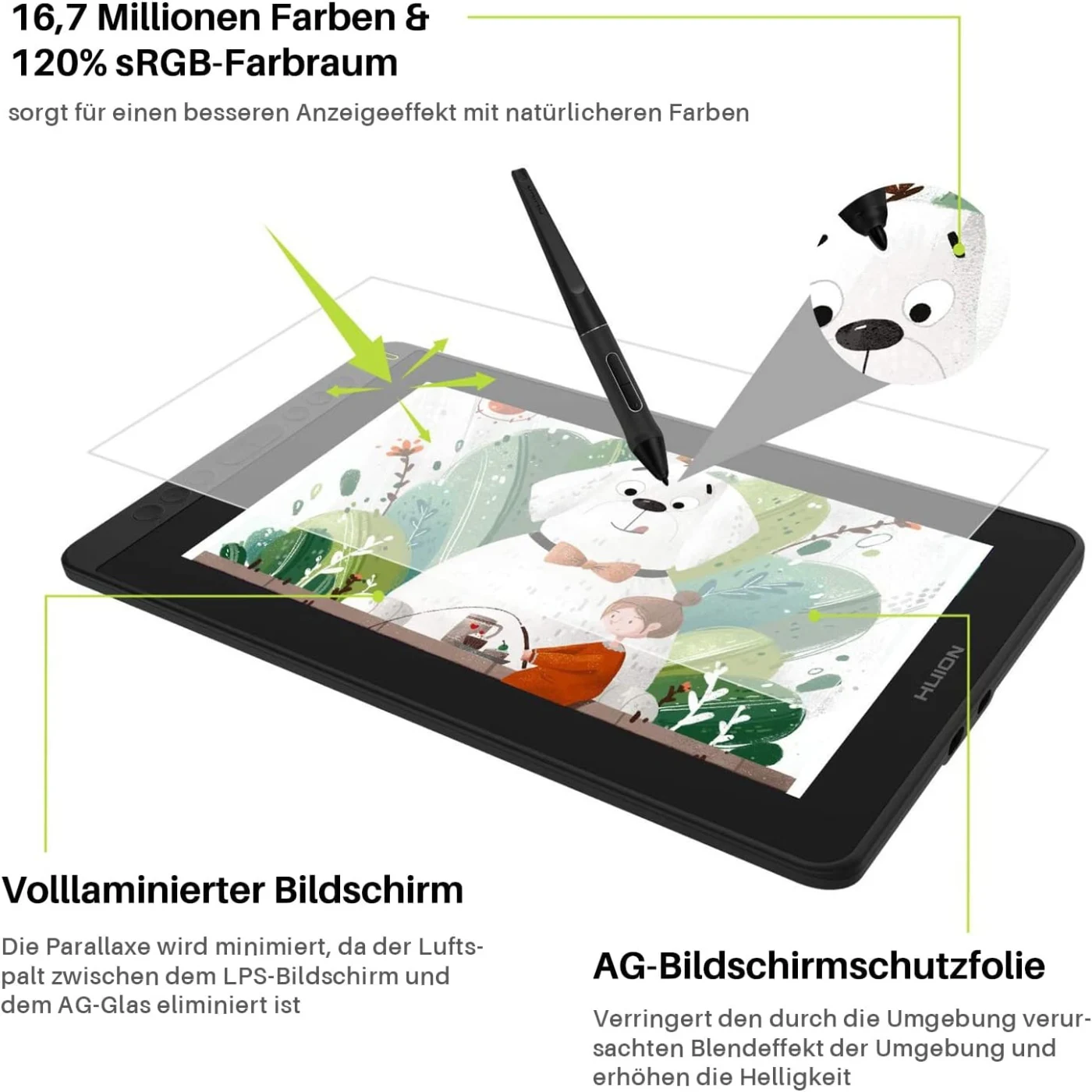 HUION Kamvas 디지털 그래픽 태블릿, 드로잉 모니터, ± 60 틸트, 120% sRGB 지지대, 안드로이드 폰, 12 11.6 인치