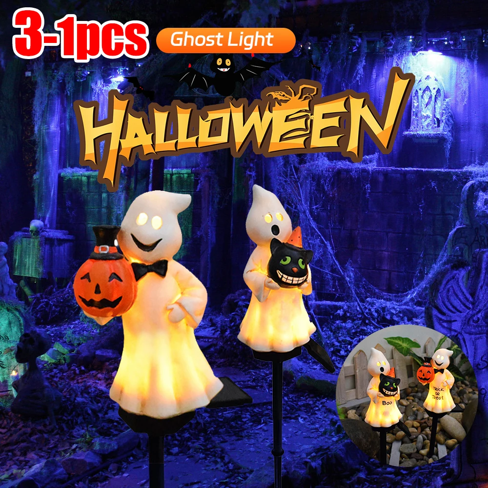

3-1Pcs Halloween Cute Ghost Solar Stake Lights Resin Art Craft Led Lights Outdoor Garden Waterproof Pathway Lamp Halloween Decor