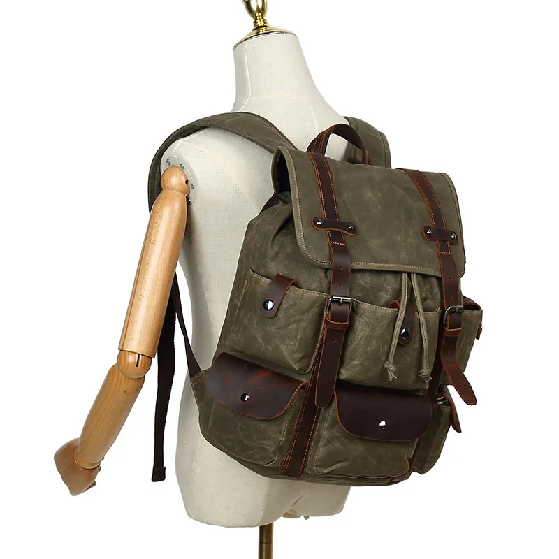 Casual vintage canvas leather waterproof backpack travel mochila masculina Rucksack men waxed Laptop bag